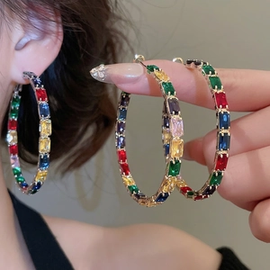 Multicolor Zirconia Round Hoop Earrings With Silver Earring Post Copper Plated Luxury Fashion Jewelry For Women