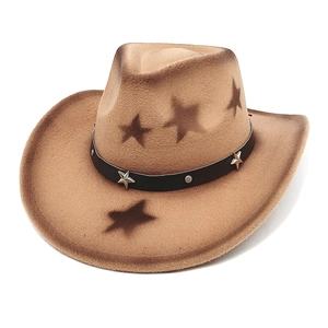 Khaki felt western cowboy hat featuring dark star patterns and a studded black leather band