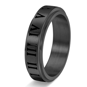 Bague en acier inoxydable noir brossé avec chiffres romains gravés style minimaliste