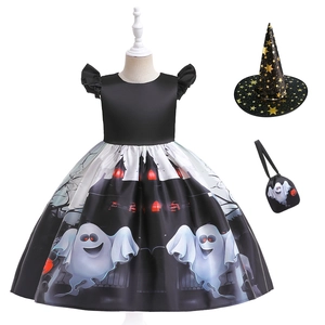 Girl's Halloween witch costume with pumpkin dress, hat and bag for cosplay