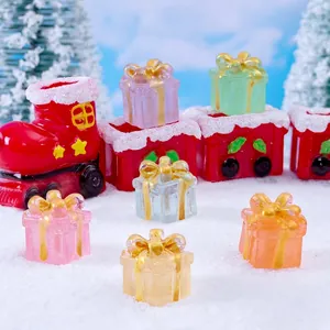 Miniature Christmas resin gift box and train figurine set for festive landscape decor
