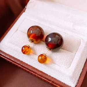 Double Ball Stud Earrings With Silver Earring Post Amber Resin Gold Plated Copper Retro Elegant For Women