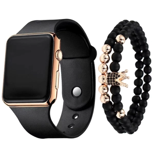 Detail of rose gold smart watch with black silicone band and beaded crown bracelet set