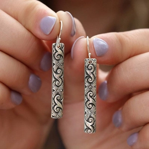 Vintage Antique Silver Dangle Earrings Carved Floral Filigree Rectangular Geometric Drop Jewelry Bohemian Retro For Women
