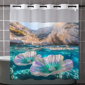 Artistic waffle shower curtain with iridescent underwater flowers and mountain landscape