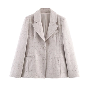 Veste Blazer Tweed Élégante Femme Manches Longues Col Revers Boutonnage Simple Coupe Ajustée Extérieur Texturé