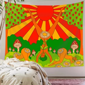 Artistic bohemian wall tapestry with vibrant psychedelic illustration for bedroom decor