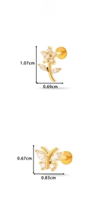 Flat back stud jewelry with floral and butterfly zircon designs including size dimensions