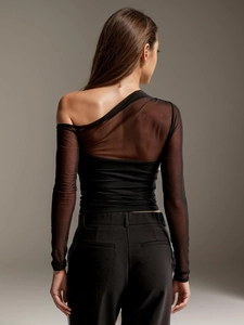 Back view of a sexy black mesh patchwork off-shoulder long sleeve top on a model