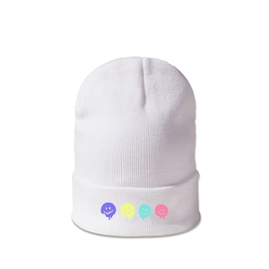 Dettaglio del berretto in maglia bianca con quattro icone colorate di smiley sul bordo piegato
