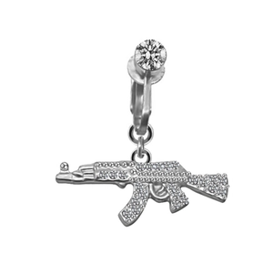 Sparkling AK-47 rifle navel ring with silver plating and micro-pave cubic zirconia