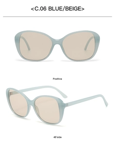 Front and 45-degree side views of blue framed sunglasses with beige lenses for men and women