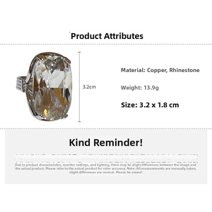 Detailed specs showing large oval rhinestone ring dimensions of 3.2 by 1.8 centimeters