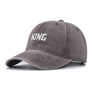 Vintage washed dark grey cotton baseball cap with white KING 3D embroidery on front