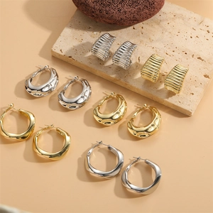 Geometric C Shaped Hoop Earrings Copper Polished Embossed Smooth Texture Metal Chunky Twisted Jewelry For Women