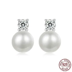 Elegant S925 sterling silver stud earrings with round pearls and sparkling moissanite stones
