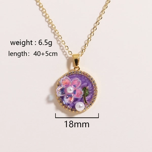 Detail of oil painting style flower pendant necklace with natural freshwater pearl and crystals