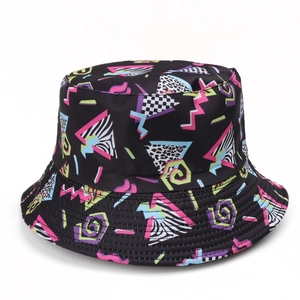 Detail view of American skull print bucket hat featuring retro 90s geometric patterns