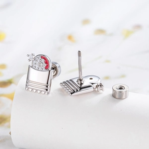 French fries and donut cartilage stud earrings in polished silver metal with crystals