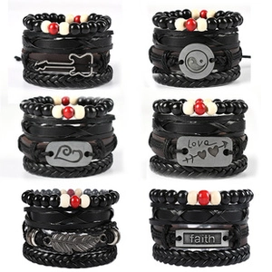Set of 6 multilayer leather bracelets with guitar, tai chi, and feather charms on white background