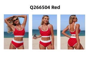 Detailed three-view shots of red polka dot bikini set Q266504 on a sunny beach background