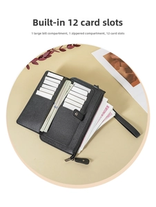 Detail of long leather wallet with 12 card slots, bill pocket and wrist strap
