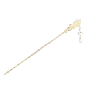 Épingle à cheveux chinoise dorée avec jade sculpté et pendentif en perle blanche