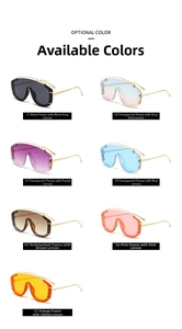 Collection of oversized shield sunglasses in seven trendy color variants with gold metal arms