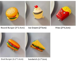 Detail showing mini resin food hair clips including hamburger ice cream and fries shapes
