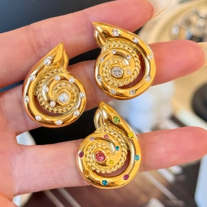 Spiral Snail Shell Stud Earrings Gold Plated Stainless Steel With Artificial Pearl Colorful Cubic Zirconia Vintage Women