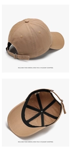 Detail of khaki cotton baseball cap with adjustable metal buckle and internal sweatband