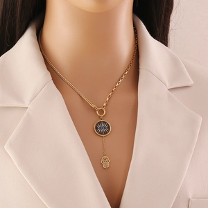 Evil Eye Pendant Necklace Stainless Steel Gold Plated Hamsa Hand Blue Rhinestone Layered Chain Fashion Jewelry Women