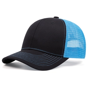 Detail of truckercap with sky blue mesh and black brim showing contrast blue stitching