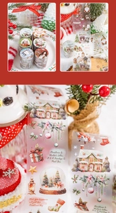 Primo piano del nastro PET a tema natalizio con illustrazioni festive e bacche rosse