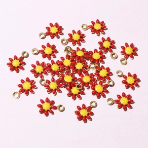 Mini stainless steel daisy flower charms with red oil drip petals for DIY jewelry making