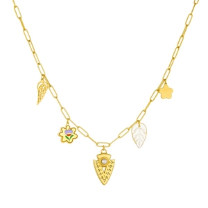 Gold plated stainless steel necklace with enamel flower wing and arrow charms