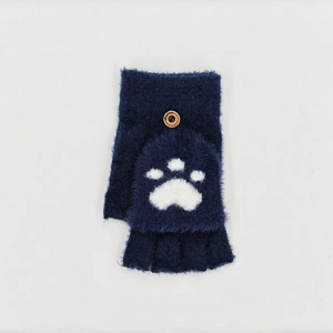 Navy blue plush fingerless gloves with white paw print flip cover and wooden button