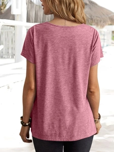 Back view of a casual pink short sleeve t-shirt showing fabric texture and fit on a model