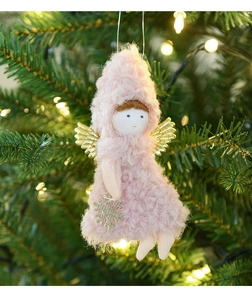 Pink plush angel Christmas tree ornament with golden wings and snowflake detail