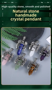 Detail of natural crystal hexagonal pendants with silver dragon wing metal wrap decorations