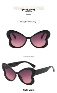 Front and side views of stylish butterfly-shaped sunglasses with pink gradient lenses