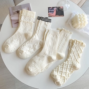 Women Mid Calf Socks Polyester Knit Lace Trim Ruffle Edge Sweet JK Academy Style Solid Color Breathable Kawaii Hosiery