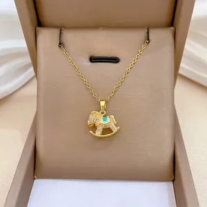 Rocking Horse Pendant Necklace Titanium Steel Chain Micro Pave Rhinestone Enamel Animal Jewelry For Women