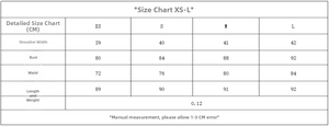 Detailed size chart for lace satin mini dress showing shoulder and bust measurements