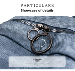 Dettaglio ravvicinato delle cerniere metalliche argentate su uno zaino di jeans blu moda