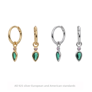 Teardrop Drop Huggie Earrings 925 Sterling Silver Emerald Green Pear Zircon Pink Accent Stone Elegant For Women
