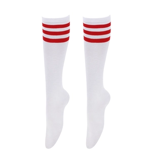 Close-up of white cotton knee-high socks with three red stripes and knit texture
