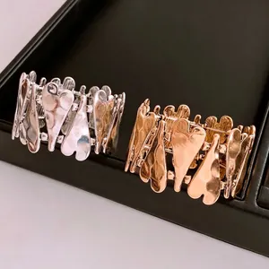 Heart Shaped Elastic Bracelet Hammered Alloy Stitched Wide Stretchy Bangle Vintage Chic Luxury Jewelry For Women