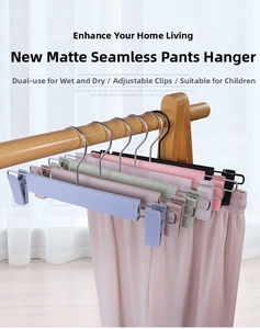 Close-up of matte non-slip pants hangers with adjustable metal clips in various colors