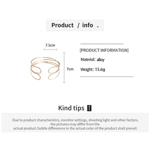 Multi-layer hollow geometric gold cuff bracelet with detailed dimensions and alloy material spec